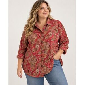 Chaps Red Paisley Button Front Shirt 100% Cotton Boho Office Womens Plus 3x